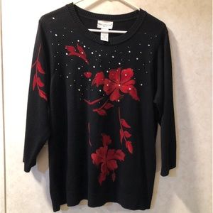 Rebecca Malone Christmas shirt with red poinsettias and bling. Size PXL